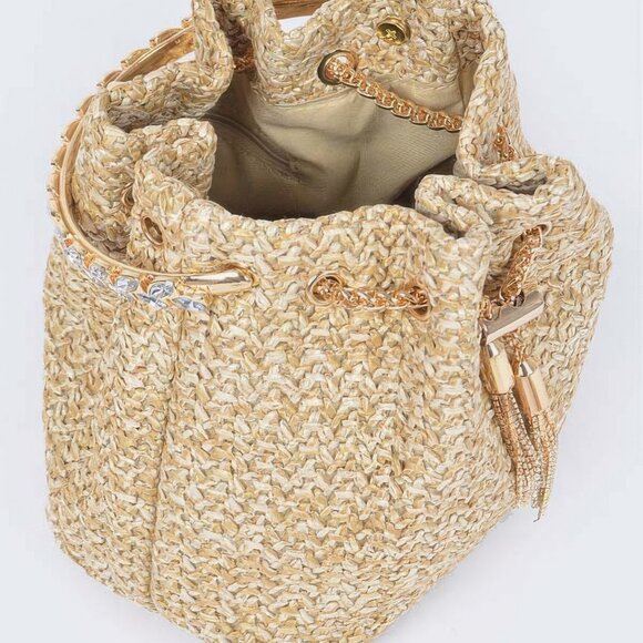 Faux Straw Bucket Bag W/stone Handle - Picture 3 of 6